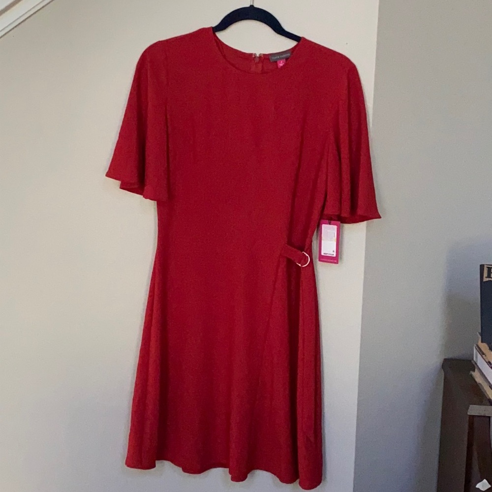 Vince Camuto Flutter Sleeve Rumple Side Tie Dress. - Picture 2 of 14